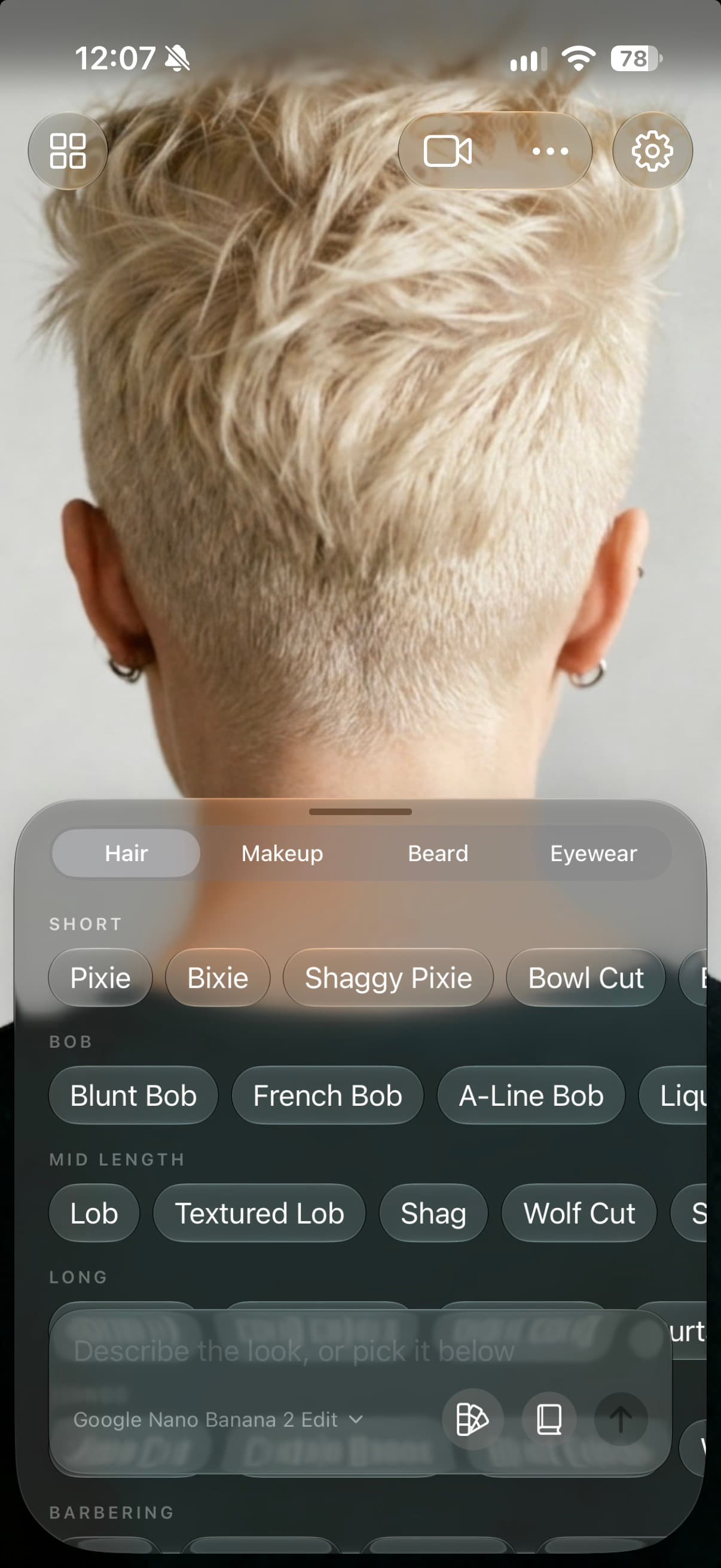 The look book in Veyra: cuts grouped as Short, Bob, Mid length and Long, with Pixie, Bixie, Shaggy Pixie, Blunt Bob, French Bob and Wolf Cut among them.