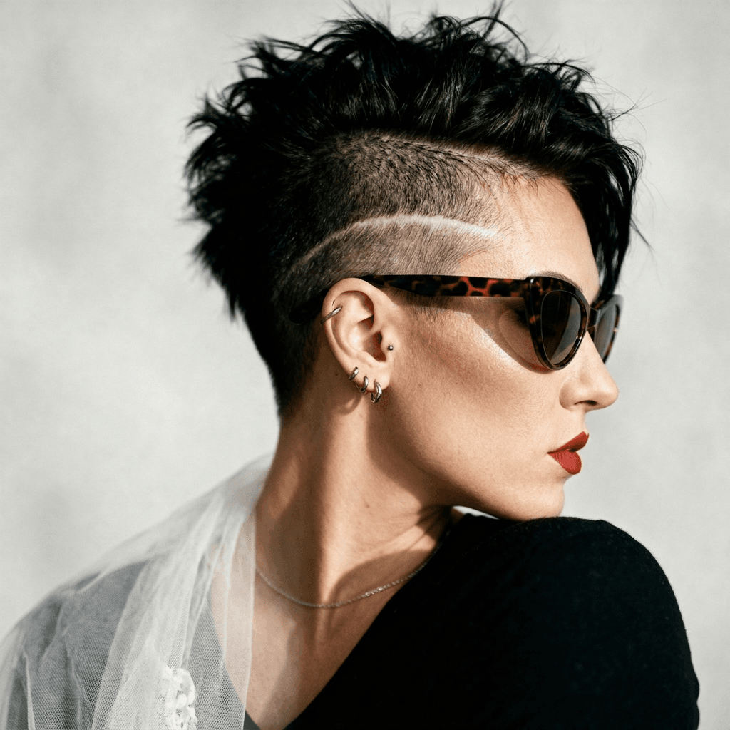 Shaggy Pixie. Cropped short with a carved undercut, cat-eye sunglasses and a classic red lip.