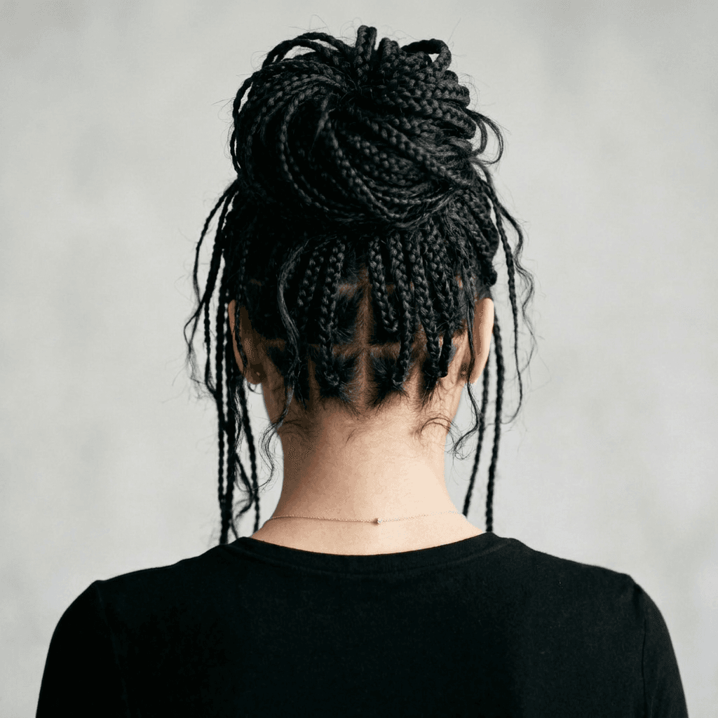 Braids, worn up. Gathered and pinned, seen from behind.