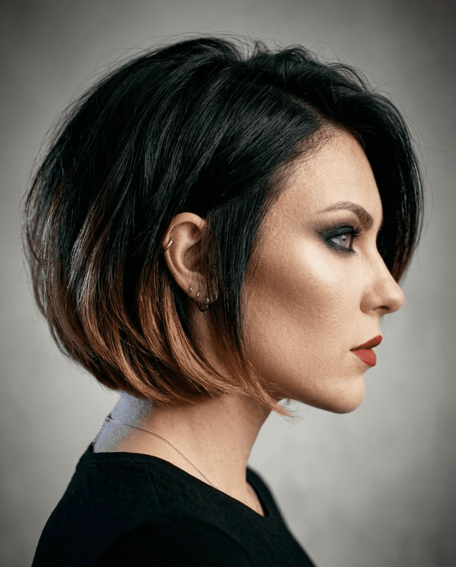 A-Line Bob. Shorter at the back, angled longer to the front, ends warmed through.